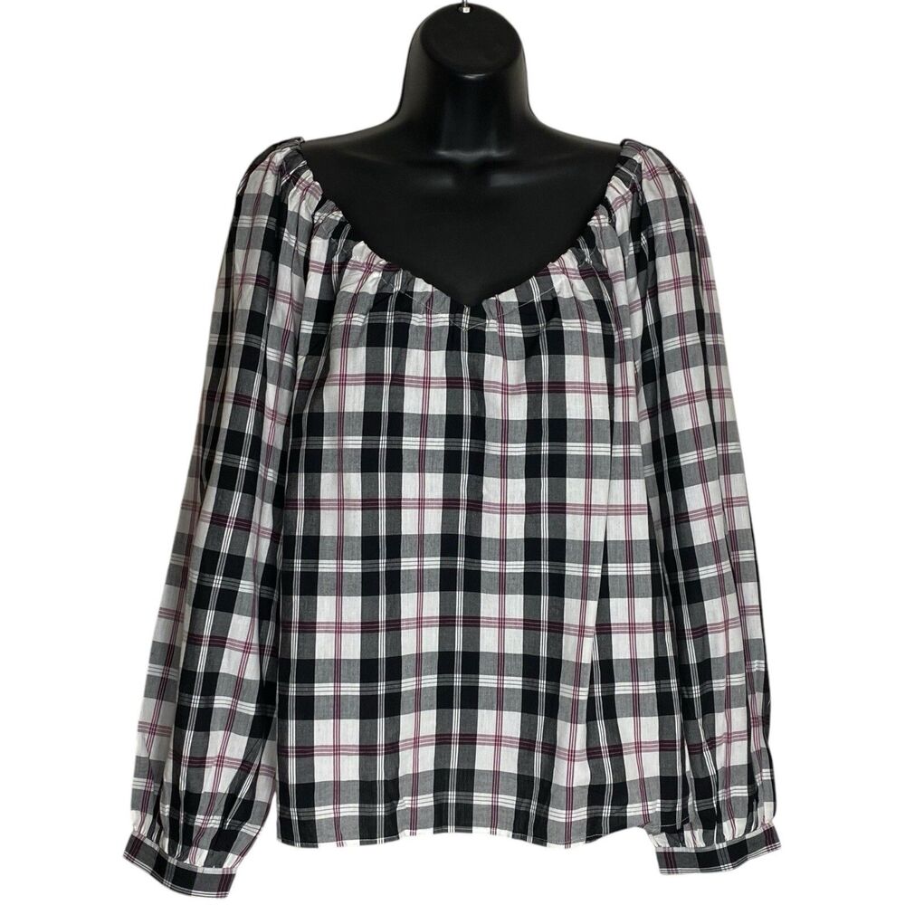 J Crew Top Womens XL V-Neck Plaid Boxy Long Sleeve Shirt Tie Back Preppy Beachy